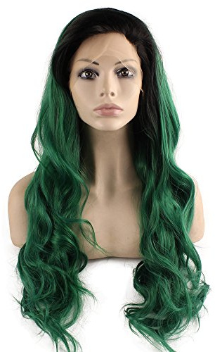 Largo Ondulado Negro Verde de dos tonos Lace Front Peluca Ombre