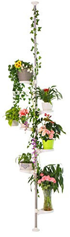 BAOYOUNI Plant Stand Tension Pole Indoor Telescopic Rod Corner Metal Flower Display Rack Tiered Pot Holder Adjustable Hanging Storage Shelf Floor to Ceiling Organzier with 6 Trays & 1 Hook, Ivory
