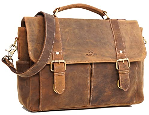 ALMADIH Echtleder Aktentasche 15 Zoll Businesstasche mit Laptopfach - CLAYTON Laptoptasche mit intelligenter Aufteilung Ledertasche Herren Umhängetasche Trolley Aufsteckbar braun (Clayton Vintage)
