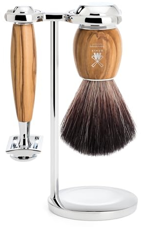 MÜHLE Vivo 3-tlg. Rasierset mit Rasierhobel, Griff aus edlem Olivenholz | Nassrasur-Set, Sicherheitsrasierer geschlossener Kamm, Rasierpinsel Black Fibre vegan, Halterung für Bart, Gesicht und Körper