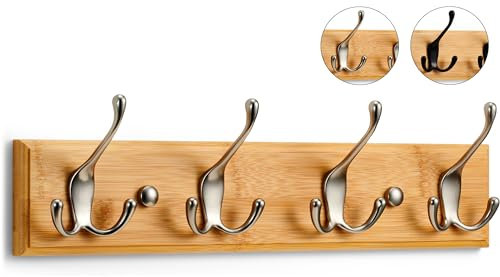 LARHN Wall-Mounted Coat Rack - 4 Matt-Nickel Triple Coat Hooks for Wall on Stylish Wooden Bamboo Base - 42 cm - All Fixings Included