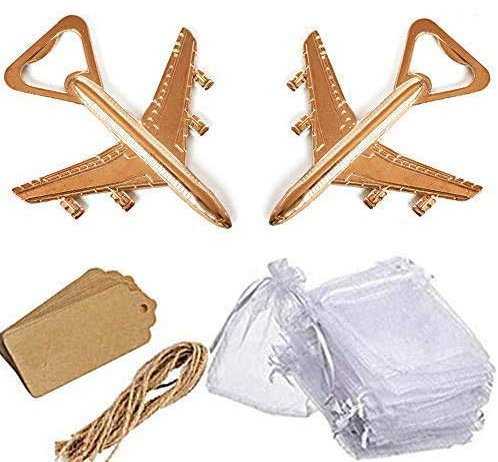 Amajoy - Confezione da 25 apribottiglie a forma di aeroplano con sacchetto in carta kraft bianca per bomboniere, bomboniere per matrimonio, baby shower, regali di ritorno a tema