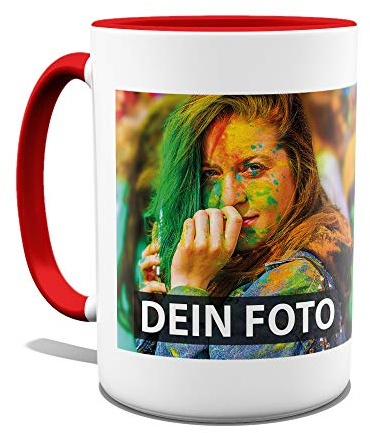 Tasse selbst individuell gestalten/Personalisierbar mit eigenem Foto bedrucken/Fototasse/Motivtasse/Werbetasse/Firmentasse mit Logo/Hohe Tasse - Innen & Henkel Rot