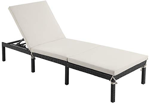 SONGMICS Lettino Prendisole, Sdraio in Rattan Sintetico, Materassino di 5 cm, Schienale Inclinabile, 59 x 198 x 28 cm, Max Portata 150 kg, Giardino Balcone Terrazzo, Beige GCB27BRV1