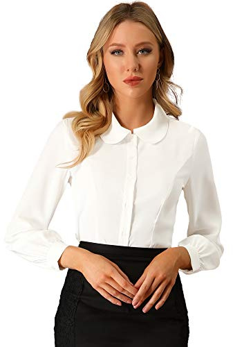 Allegra K Women's Peter Pan Collar Blouse Business Casual Long Sleeve Button Down Work Shirt Small Cream White