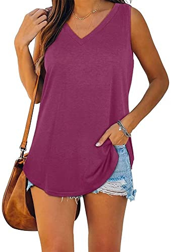 ASKSA Blusa de mujer con cuello en V, sin mangas, monocolor, camiseta de verano, elegante, informal, holgada, camiseta de tirantes (embalaje múltiple), fucsia, L