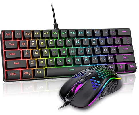 RedThunder 60 % speltangentbord och mus-kombination, ultrakompakt 61 tangenter RGB-bakgrundsbelyst minitangentbord, lätt 7 200 DPI optisk mus med honungskaka, RGB-trådbundet spelset för PC MAC PS5