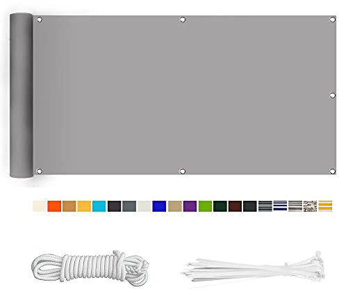HERILIOS Balkon Sichtschutz, Balkonabdeckung 220 g/m² Innen Balkonverkleidung UV-Schutz (210Größen&21Farben) Ohne Bohren mit Ösen Kabelbinder und Kordel für Balkongeländer Terrasse,85X400CM hellgrau