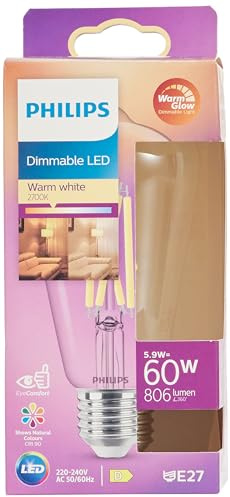 PHILIPS LED Classic E27 WarmGlow Lampe, 60 W, Tropfenform, dimmbar, klar, warmweiß