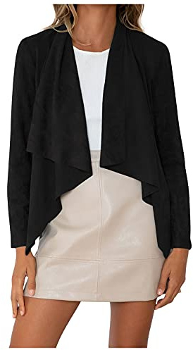 AMhomely Vintage Business Blazer Jackets for Women Ladies Faux Suede Leather Jacket Coats Waterfall Drape Lapel Long Sleeve Cardigan Jackets Coat Sale Clearance Motorcycle Outwear