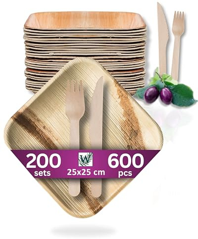 Waipur Set Piatti in Foglia di Palma e Posate in Legno - 200 Pz Quadrati 25x25 cm con Coltelli e Forchette - Stoviglie Monouso Biodegradabili - Eleganti e Compostabili - Simile al Bambu