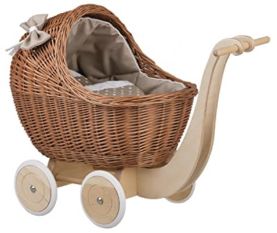 e-wicker24 Alles aus Weide Puppenwagen aus Weide mit Bettwäsche perfekte Geschenkidee Korbpuppenwagen schöner Spielzeug aus Korbgeflecht Korbwagen für Puppen Spielzeug für Mädchen