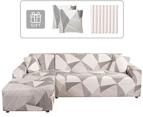 Lydevo Sofabezug Ecksofa L Form Sofa Überwürfe Stretch Sofabezug L Form Rechts oder Links mit Zwei Kissenbezügen Waschbar Universal-Couchbezug L Form Sofa Cover L Shape(2 Sitzer+2 Sitzer,Weiße Linie)