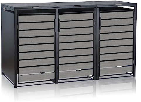 Zelsius Mülltonnenbox 3er für 3 Mülltonnen | 120-240 Liter | Anthrazit RAL 7016 | Tür in hellgrauer Holzoptik inkl. Erweiterungsmöglichkeit | Mülltonnenhäusschen, Mülleimerboxen