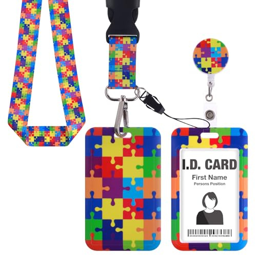 Amaxiu Colorful Puzzle ID korthållare med avtagbar lina, Autism Awareness Infällbar ID hållare Badge Roll Robust kreditkortsskydd med mjuka ID linor