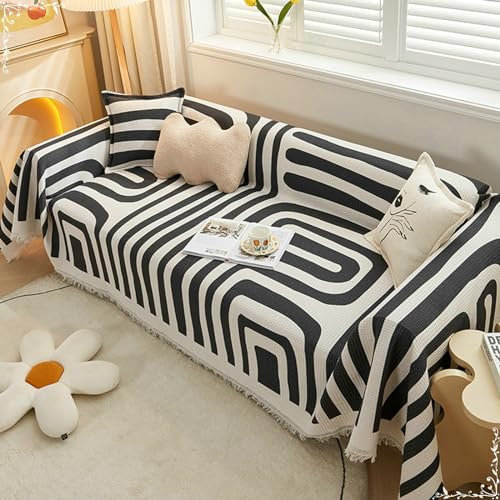 Ayoiow Sofahusse rutschfest Couchbezug Schwarz 4 Sitzer Sofabezug Leinen Baumwolle Waffelmuster Mit Streifen