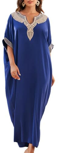 Bsubseach Dam broderi kortärmad bikini strandklänning sida delad strand kaftan klänning, ZZ-djup blå, En Storlek