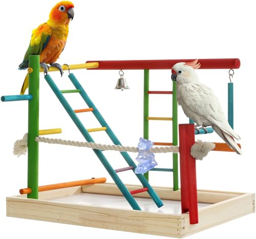 Navaris Vogelspielplatz aus Holz - Spielplatz für Papageien - Vogel Spielplatz Holz - Vogelspielzeug - Für Papageien und kleine Vögel - Papagei Spielplatz - 2 Ebenen