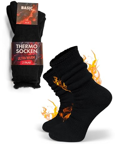 Basic Treasure Lot de 2 Paires de Chaussettes Thermiques Hiver Ultra Chaudes – Épaisses, Douces et Confortables pour Homme et Femme Noir (39-42)