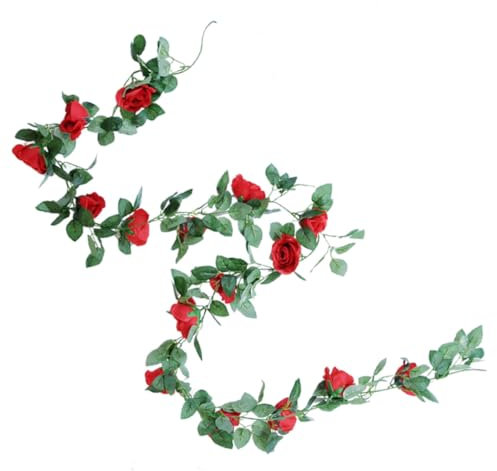 Yardenfun Schnur Hochzeitsblumengirlande Blumenrattan künstliche Rosenranke gefälschte Rosengirlande Rosengirlanden Künstliche Blumengirlande Haushalt Kranz Seidenblume rot