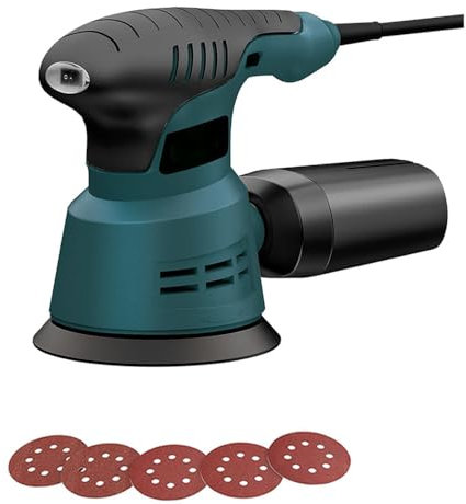 Ponceuse excentrique filaire 300W, Ponceuse Orbitale ponceuse de détail avec Cordon d'alimentation 1.8m, Système de Collection de Poussière,5 PCS Feuilles Abrasives pour Surfaces en Bois et Acier