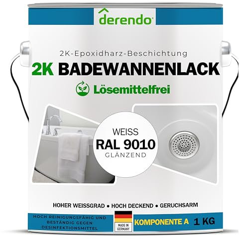 derendo 2K Badewannenlack weiß glänzend (RAL 9010) Epoxidharz mit Härter weiße Fliesenfarbe Badezimmer Fliesenlack 2K Lack Badewanne reinweiss für Innen & aussen (1, Kilogramm)