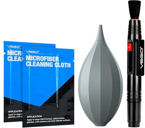 VSGO Kit de limpieza de cámara 4 en 1 con soplador de aire, cepillo para lentes, pluma, paños de limpieza de microfibra, compatibles con cámaras réflex digitales Canon, Nikon, Sony