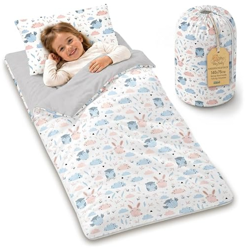 Sac de Couchage Enfant avec Coussin et Fermeture éclair pour bébé de 3 à 7 Ans - 75x140 cm Sac de Couchage intérieur pour garderie Maternelle Oeko-Tex 75 x 140 Hiboux