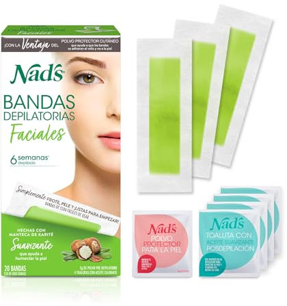 Nad's Gesichtswachsstreifen – hypoallergen – Gesichtshaarentfernung für Frauen – Haarentfernungs-Set zu Hause mit 20 Wachsstreifen + 4 Öltupfer + Hautschutzpuder