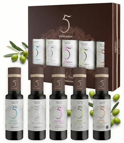 5 Elementos Gran Selección Aceite de Oliva Virgen Extra - Estuche Premium Degustación 5 Variedades: Picual, Arbequina, Cornicabra, Hojiblanca, Redondilla - Set Regalo Gourmet y Cata - 5x100ml