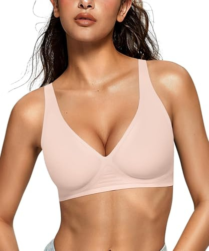 OEAK Damen-BHs mit tiefem V-Ausschnitt, drahtlos, bequem, stützend, ohne Bügel, Push-Up-Bralette, nahtloser BH, Nude, Medium