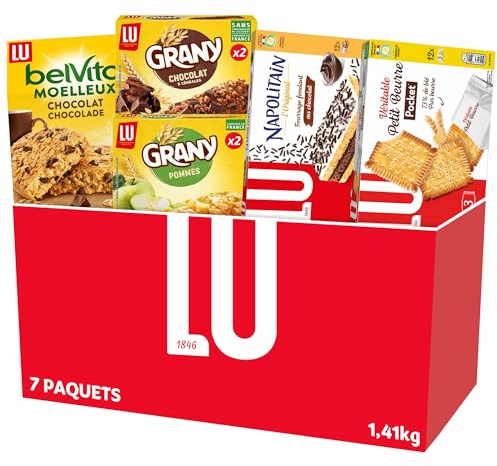 LU - La Boîte Plaisir - Assortiment de 7 Paquets de Biscuits : Véritable Petit Beurre Pocket x1, Napolitain x1, Grany Pommes x2, Grany Chocolat x2, Belvita Moelleux Chocolat x1 - Lot de 1,41kg