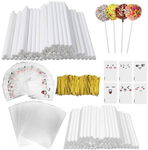 FIHODONE Lollipop Palitos Set, 200 Piezas Palos para Cake Pops de Papel, Cake Pop Sticks Calidad Alimentaria, Palitos de Papel con 200 Bolsas para Chuches y 200 Cordón Dorado, para Hacer Postre