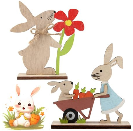 XIAQICA 2 Pezzo Decori Coniglio Pasquale in Legno Simpatica Decorazione da Tavolo con Coniglietto Pasquale 12CM Decorazione Pasquale da Appoggiare