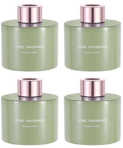 QUARKZMAN 4Pcs Botella de Difusor de Vidrio Vacía 140ml/4.7Oz Accesorios de Fragancia Recargable Tarro de Aromaterapia Hogar Baño Verde con Tapa de Tono Dorado