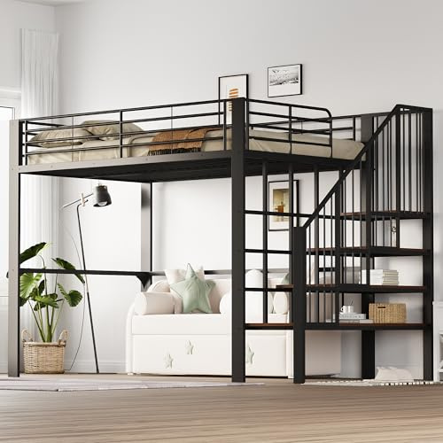 ZYLOYAL10 Hochbett Stabile Metallkonstruktion mit geräumigem Stauraum unter dem Bett und Treppe Ideal für Kinder und Erwachsene Stauraumbett für maximale Platzeffizienz (Schwarz, 140 x 200CM)