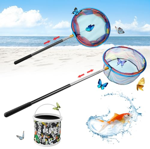 WEFHEF Retino per Piscina Piccolo Farfalla Telescopica Reti Guadino Pesca Telescopico 145cm con Secchio Pieghevole Diametro 16cm, per Catturare Farfalle, Insetti, Libellule, Piccoli Pesci, Granchi