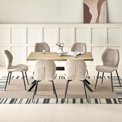 JIJIAN Set da Pranzo con Tavolo in Legno Chiaro e 6 Sedie Marroni, Tavolo da Pranzo Rettangolare (140 x 80 x 76 cm) con 6 Sedie da Pranzo in Lino a Design Ergonomico