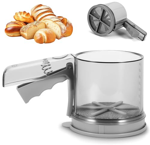 Jinfanshurich Mehlsieb Edelstahl 3 Tassen, Feinmaschiges Doppelsieb mit Einhand-Griff, Graduierung & Pressmechanismus, Für Mehl, Puderzucker, Kakao & Backzutaten