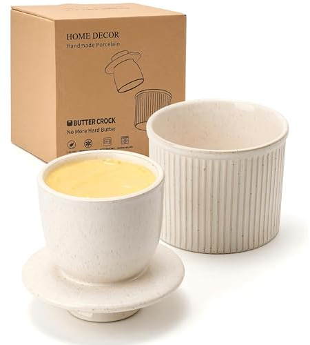 HOME DECOR Butterglocke 250gr, Französische Butterdose Wassergekühlt, Butterfass, Streifen-Design Buttertopf für Frische und Streichfähige Butter - Große, Gesprenkeltes Creme
