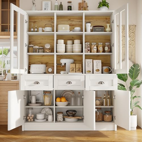 Oslghy Küchenschrank Hochschrank, Buffetschrank mit Glastür & Schubladen, Vorratsschrank Küche Hoch mit Stauraum Lagerregal, Geschirrschrank für Küche, Wohnzimmer, Esszimmer, 140×38.5×175cm (Weiß)