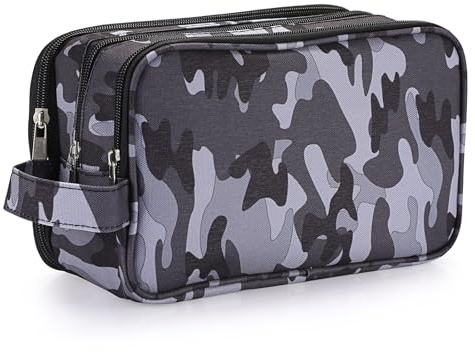 IGNPION Mens Wash Bag, Dry Wet Separation Travel Toiletry Bag, Dopp Kit Bag | Mens Travel Shower Makeup Bag, Camping Gym Shaving Organiser Bag with 3 Compartments, Camouflage Black