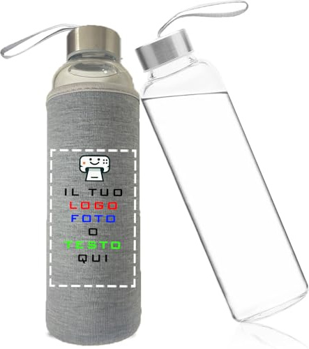 Printolo Borraccia in Vetro 550 ml con Custodia in Neoprene Personalizzabile con logo o testo – Bottiglia Riutilizzabile Ecologica in Vetro Borosilicato con Cinghia e Tappo Antiperdita (Grigio)