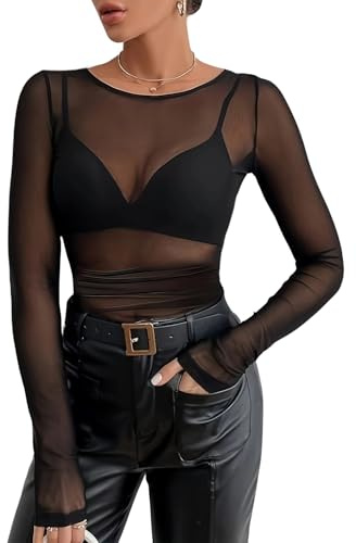 Women's Mesh Top, Black Mesh Top Women, Sexy Long Sleeve T-Shirts, Anti-Pilling, No Snagging, Sheer See Through Fitted Tops Black Transparent Shirt for Party Clubwear Nightwear L