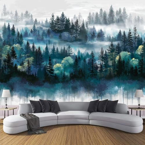 Carta da Parati Fotografica Murale 400 x 280 cm Paesaggio forestale Del Piante ad acquerello Carta da Parati Effetto 3d Decorazione Murale Poster da Parete per Camera da Letto per Ragazzi, Verde scuro