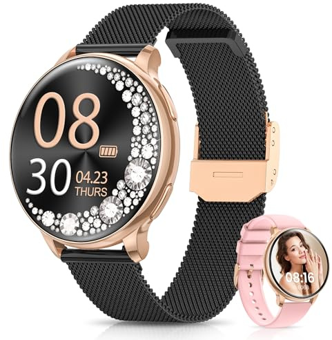 RUXINGX Montre Connectée Femme, Petite Ronde Écran Tactile HD 1,27 avec Appel, Fonction Féminine Sommeil Fréquence Cardiaque SpO2 120+ Sports Podomètre IP68 Calories Android iOS Or Noir, Cadeau
