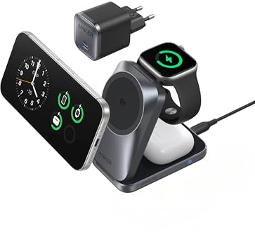 Anker Prime Caricatore Wireless iphone 3 in 1, MagSafe Compatibile, Certificata Qi2.2 da 25W, Pieghevole e Compatta. Ricarica iPhone 17/16, Apple Watch, AirPods (Senza Batteria, Adattatore Incluso)