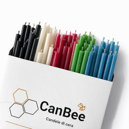 100 Velas Finas de Colores en Cera de Abeja Natural 100% – Set Multicolor 5 Colores – 16 cm x Ø 5 mm – Mecha de Algodón – Velas Meditación Yoga Relax Ritual – Luz Cálida Natural – CanBee