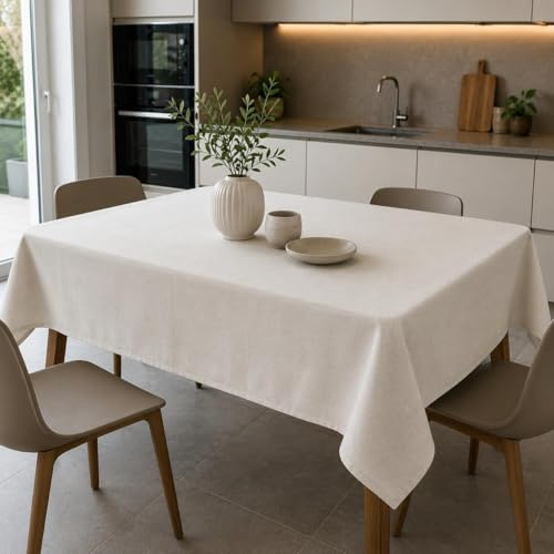 Michele Biancheria Casa - Tovaglia Antimacchia Tinta Unita Avorio – Effetto Lino Elegante, Idrorepellente e Lavabile, Tovaglia da Tavola Moderna per Cucina e Sala da Pranzo (Avorio, 12 persone)