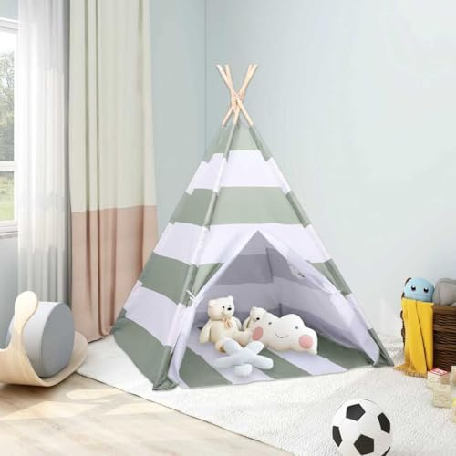 Kaloriko Kindertent Grau Weiß Spielzelt 120 x 120 x 150 cm Massivholz Kiefer stabil faltbar tragbar mit Netzfenster für drinnen draußen Kinderzimmer Garten zum Spielen und Verstecken